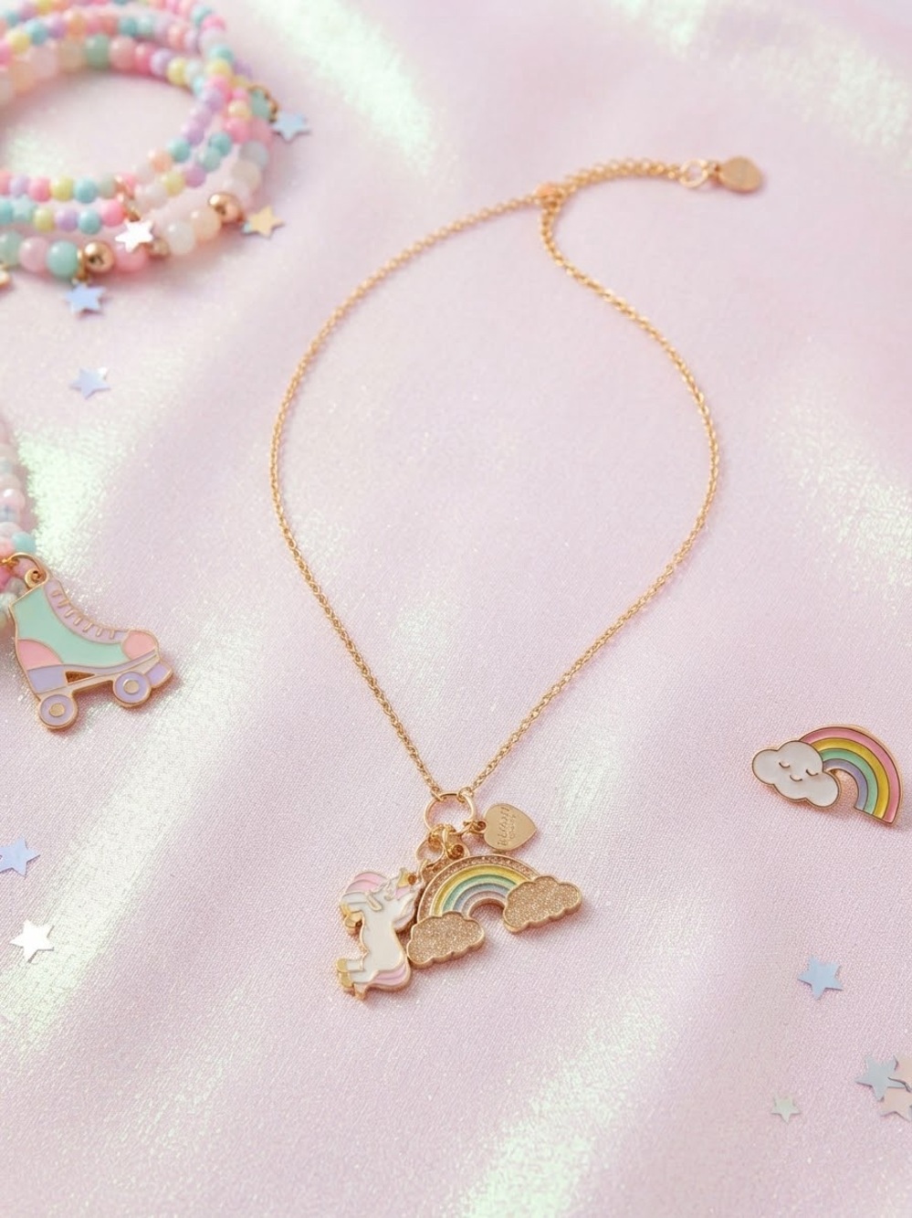 Kids Gold Unicorn & Rainbow Pendant Necklace - Pink Accents